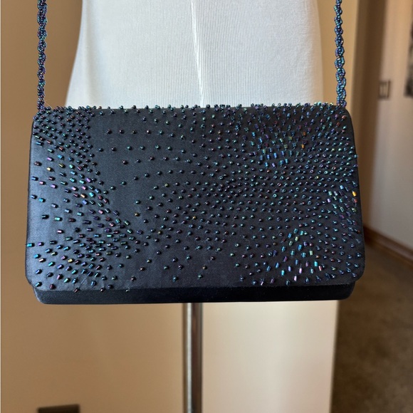 Navy blue satin and beaded clutch - Picture 7 of 9